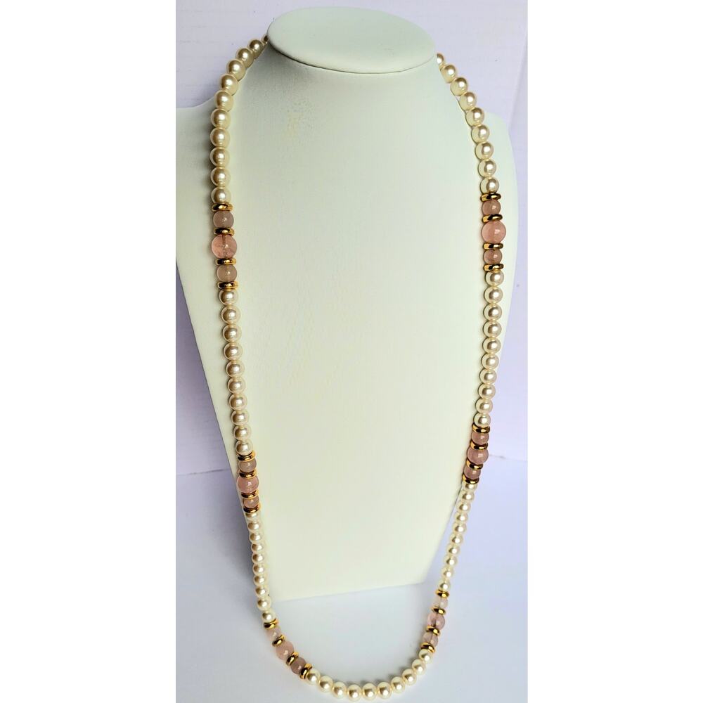 Vintage Napier Faux Pearl Rose Quartz Necklace Gold Beads Spring Bling!